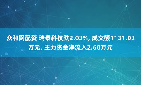 众和网配资 瑞泰科技跌2.03%, 成交额1131.03万元, 主力资金净流入2.60万元